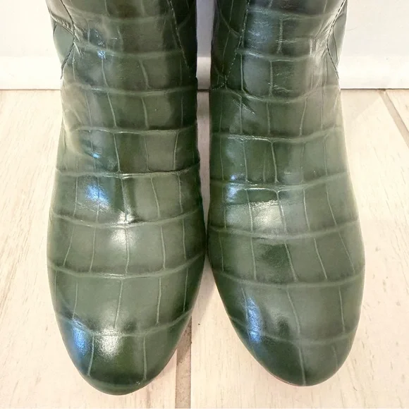 Loeffler Randall Tall Goldy Leather Croc Forest Green Heel Knee Boot Pull On 6 - Picture 10 of 14